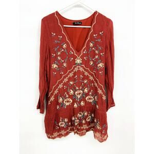 NanaMacs Kaftan Blouse Boho Top Red Embroidered Long Sleeve V-Neck Size M